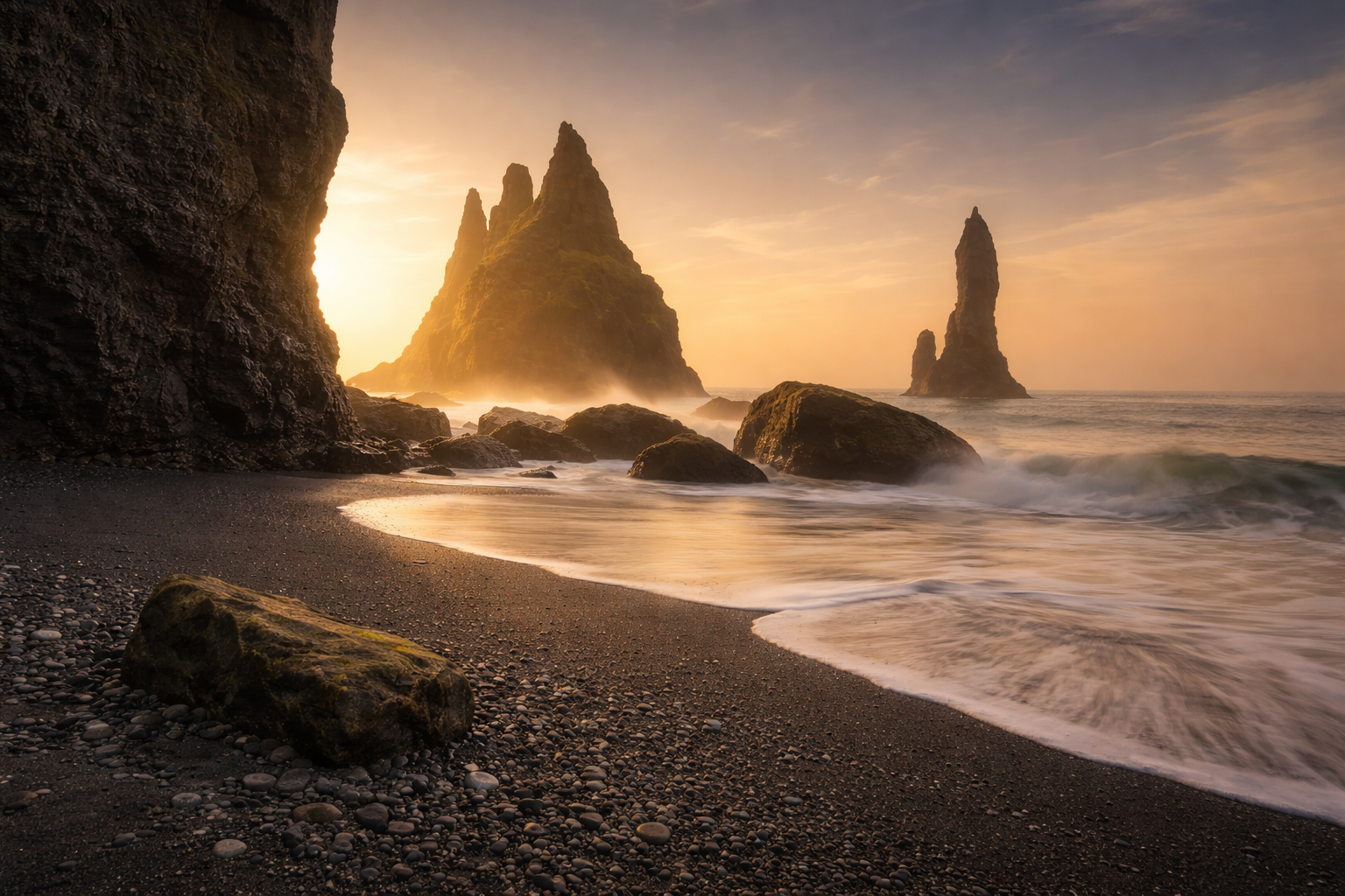 Dramatic black sand beach in Iceland