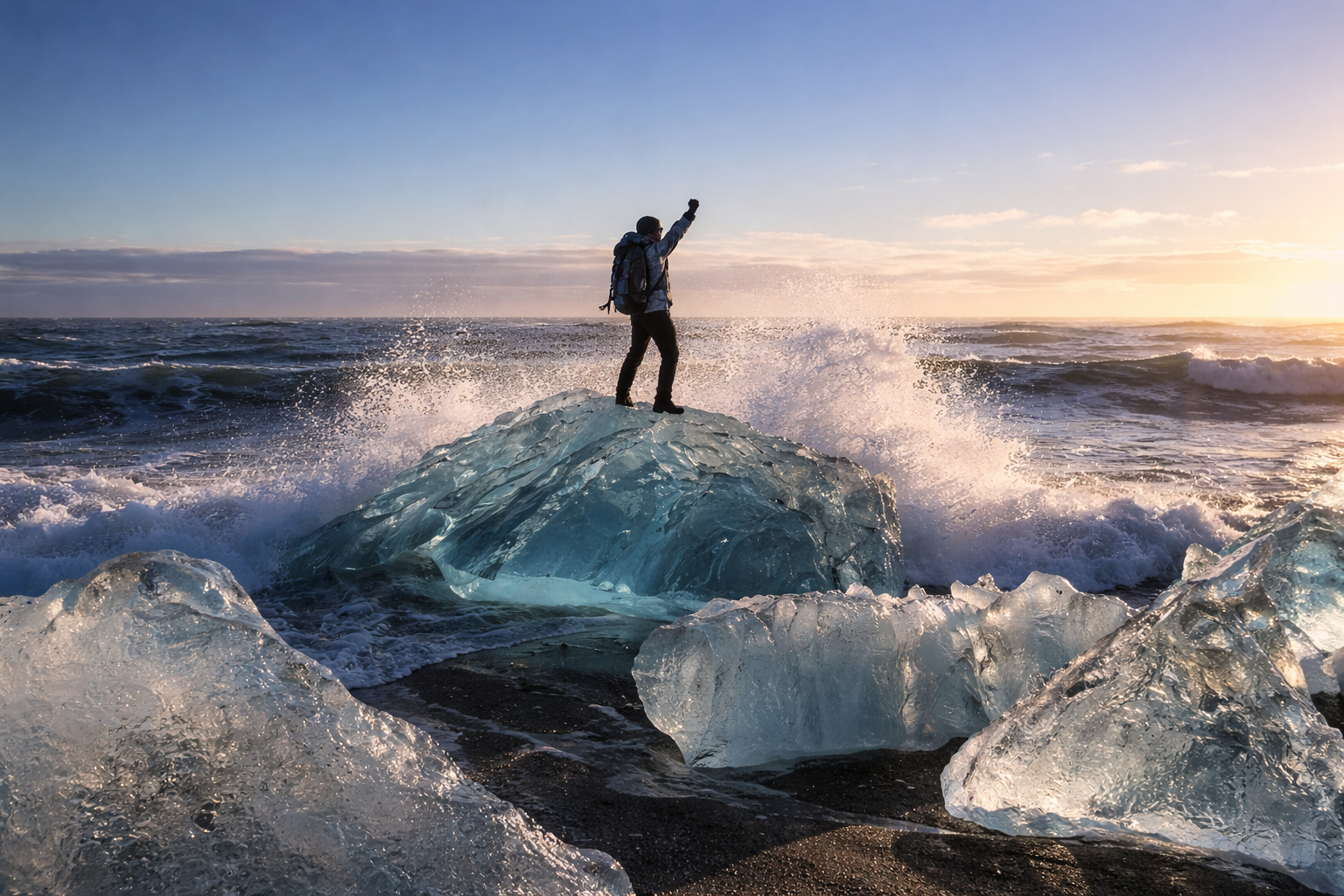 Powerful waves at Diamond Beach Iceland